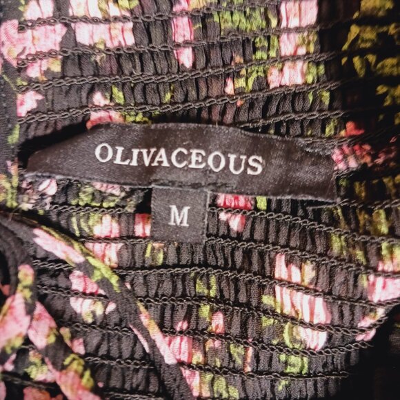 Olivaceous Medium Top, Floral, Ruffled, Smocked, Cottage Core, Boho, Blk/Grn/Pnk - Picture 2 of 15